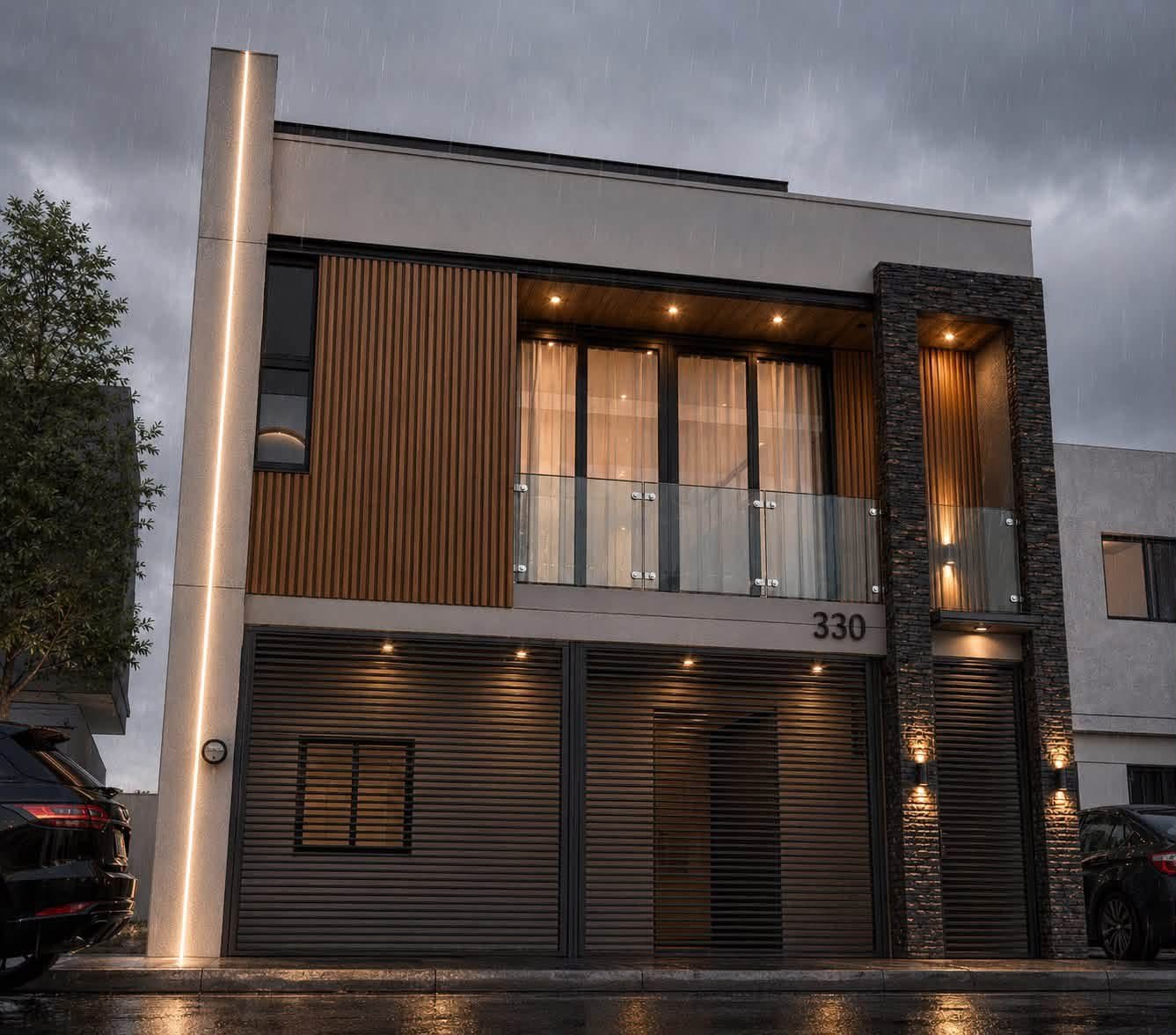 Fachada de proyecto Diez17 con materiales contemporáneos e iluminación cálida