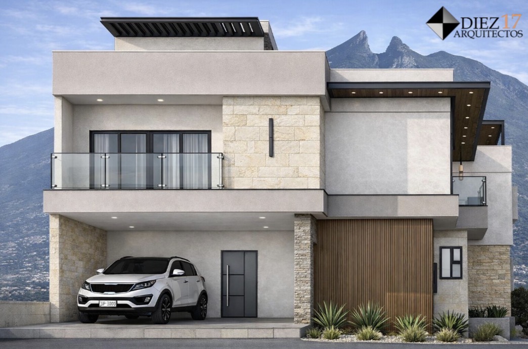 Proyecto residencial Diez17 con piedra clara, celosía de madera y balcones de vidrio